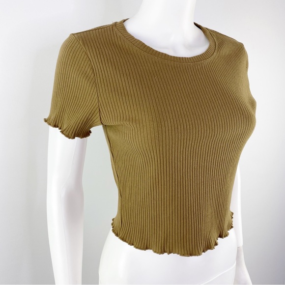 Good American Tops - Good American Khaki Green Short Sleeve Cropped Rib Knit T-Shirt Top Size S